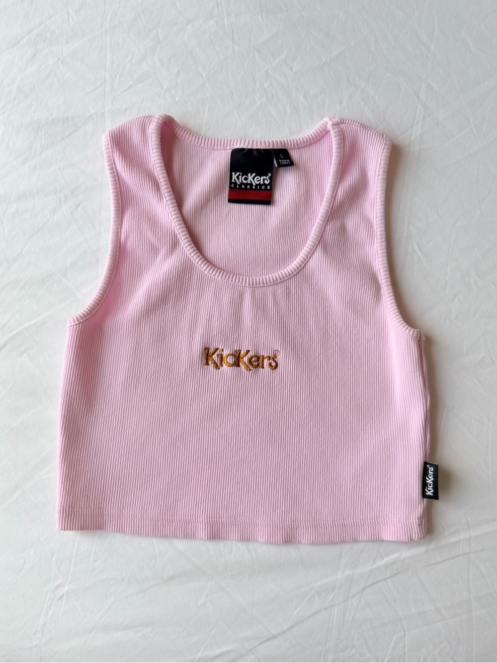 Kickers Light Pink Ribbed Crop Tank with Brown/Gold Logo Embroidery